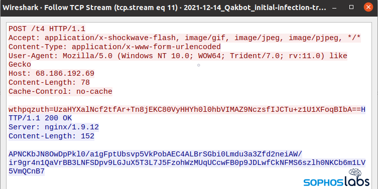 Figure 9. An example of an HTTP POST request sent by QBOT to its C2. (Sophos)