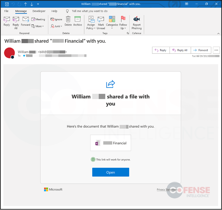 Image-based phishing email with a clickable HTML image. 