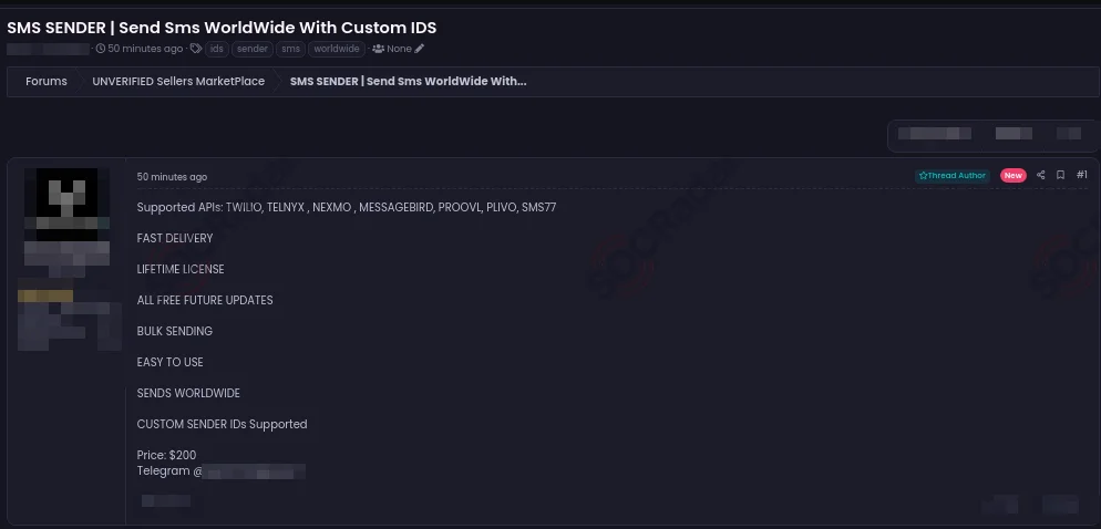 SMS Sender sale on a dark web forum monitored by SOCRadar