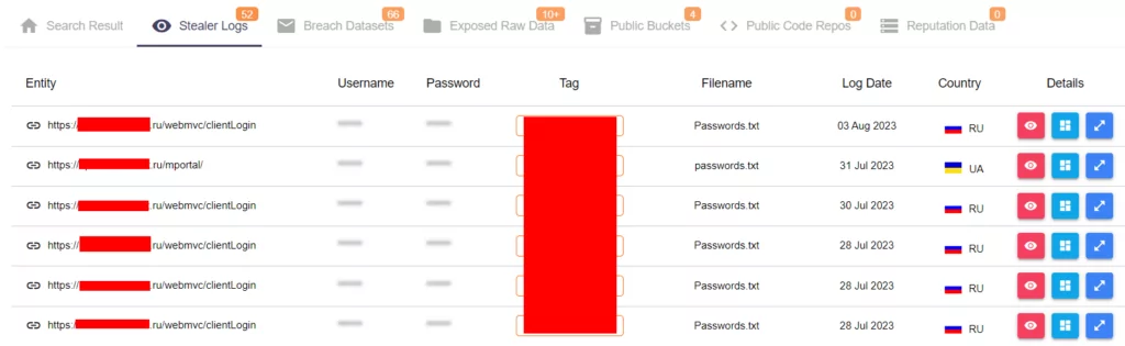 Some results from SOCRadar's Threat Hunting, Stealer Logs