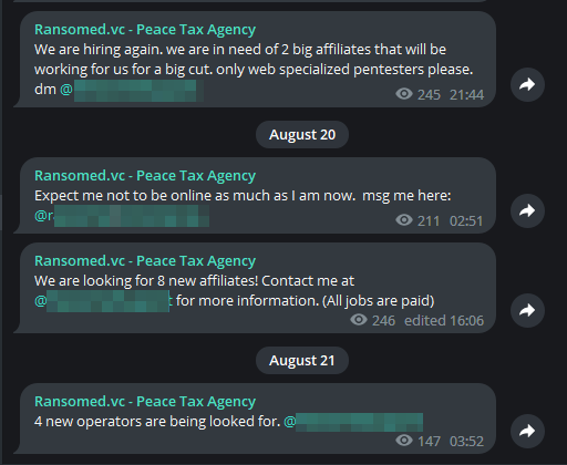 Figure 14. Ransomed.vc Telegram posts about they are looking for new operators