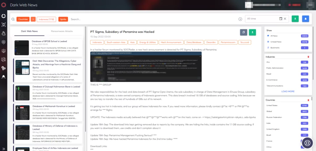 Figure 19. SOCRadar’s Dark Web News section under the CTI module (Source: SOCRadar)