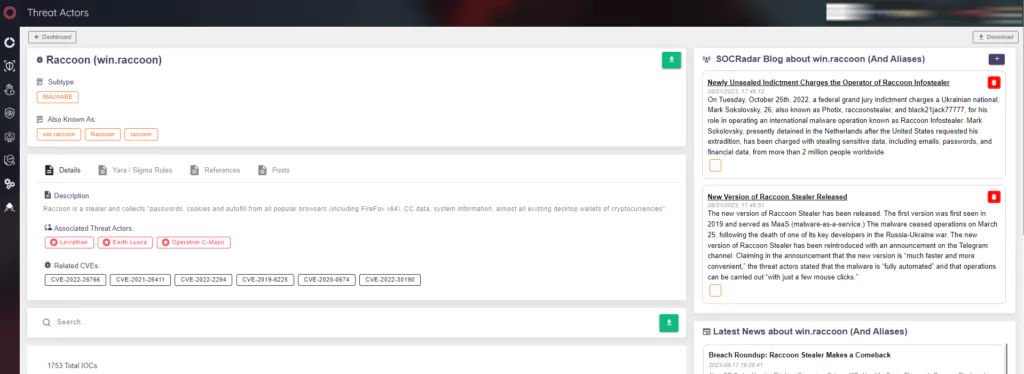 Figure 16. SOCRadar Platform, Threat Actor/Malware Tab