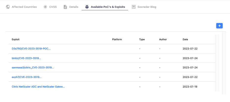 Vulnerability card of CVE-2023-3519 (Citrix), SOCRadar XTI Vulnerability Intelligence Module