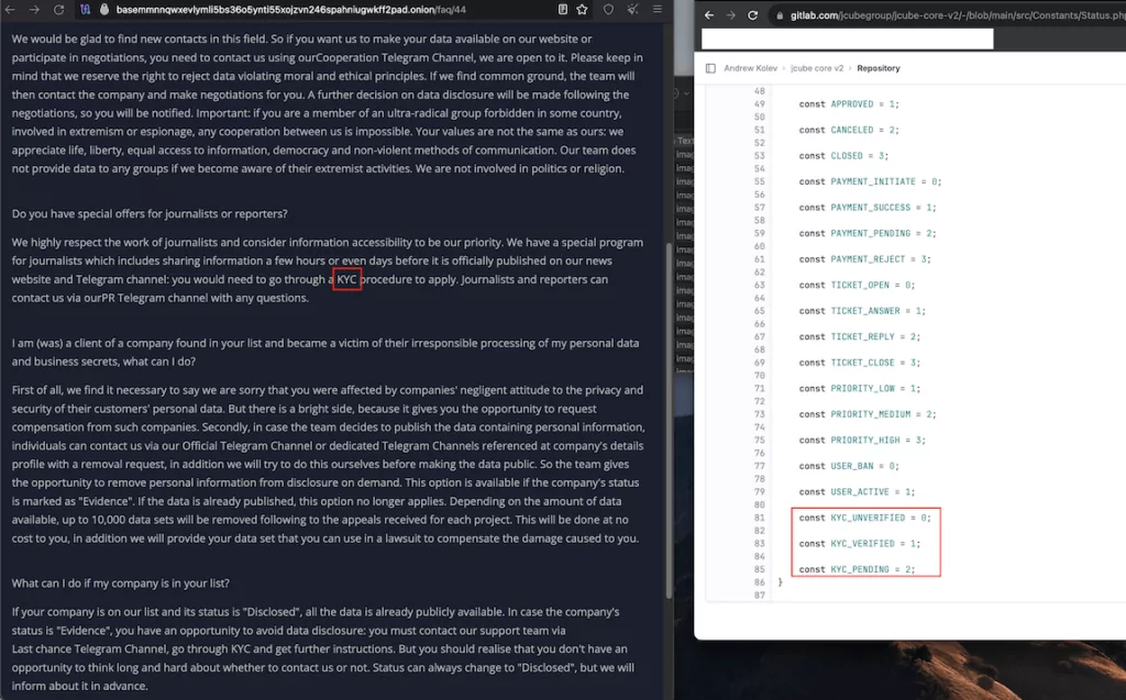 The FAQ section of 8Base (on the left) and the KYC code located within Kolev's Gitlab account (on the right). (krebsonsecurity)