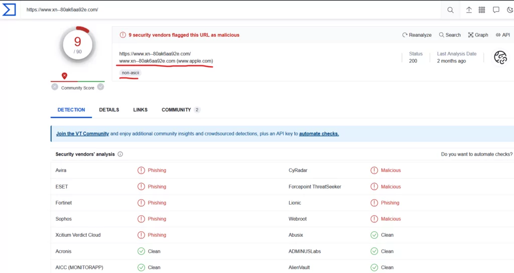 When you search ‘fake’ apple.com in VirusTotal nine of the sources show as malicious.