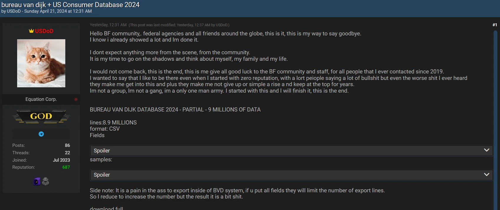 USDoD's latest post in BreachForums