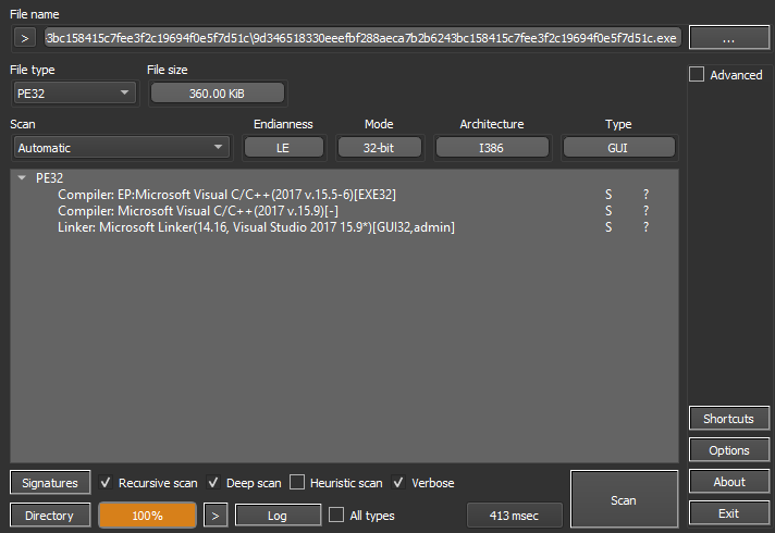 Fig. 4. Detect It Easy output showing that Sample B was developed in C++