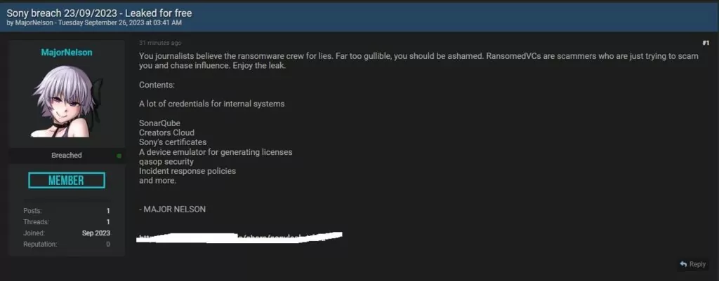 Threat actor leaks Sony breach data for free (Source: X)