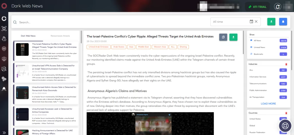 Fig. 5. Dark Web News page of SOCRadar XTI’s CTI Module (Source: