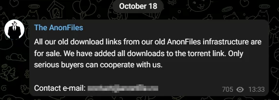 AnonFiles’ announcement about the sale of old links