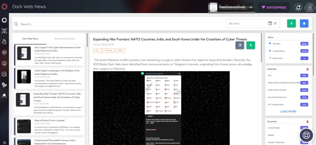 Fig. 14. SOCRadar XTI’s Dark Web News page under the CTI Panel (Source: SOCRadar)