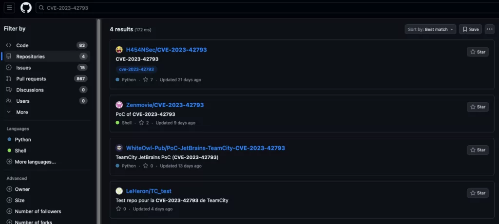 Several other exploits for CVE-2023-42793 appear to be available on GitHub.