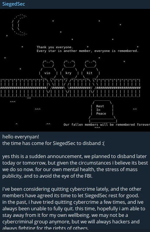 SiegedSec’s latest Telegram post