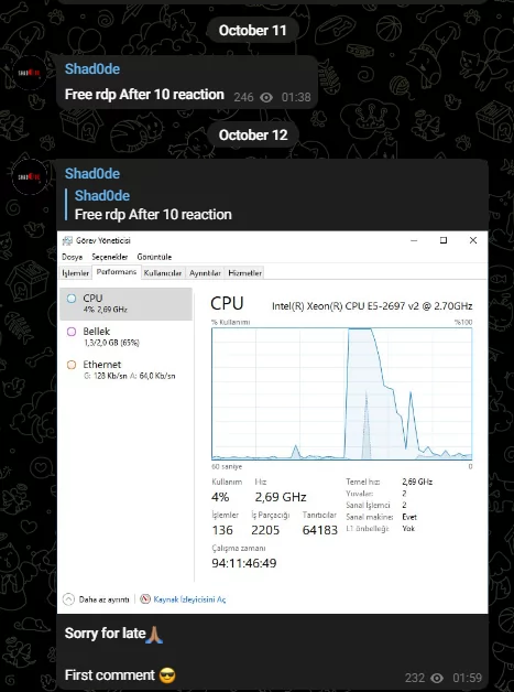 Fig. 8. Shad0de’s free RDP access giveaway post on Telegram