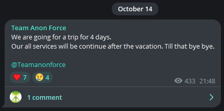 Fig. 14. Team Anon Force’s Telegram post about the group’s vacation