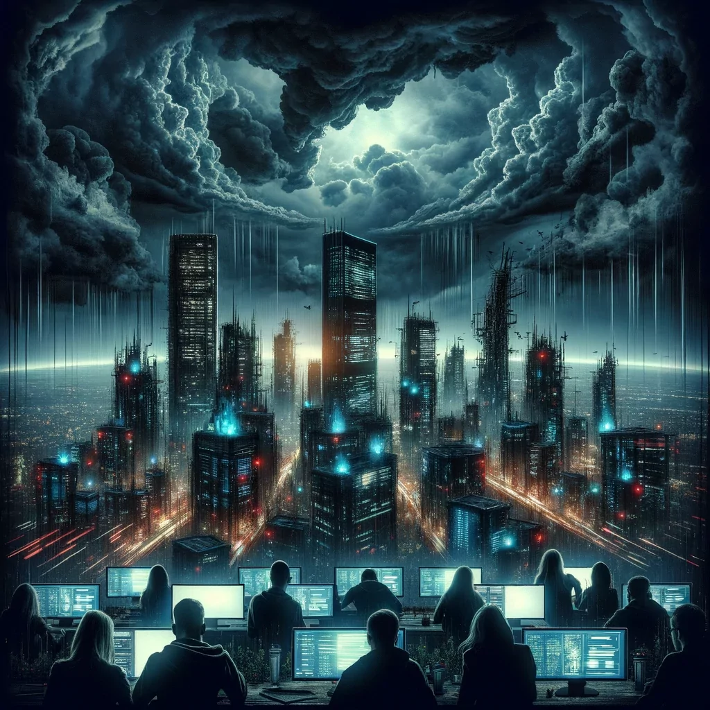 Illustration of the calm before the storm (generated using DALL-E 3), dark peep #5