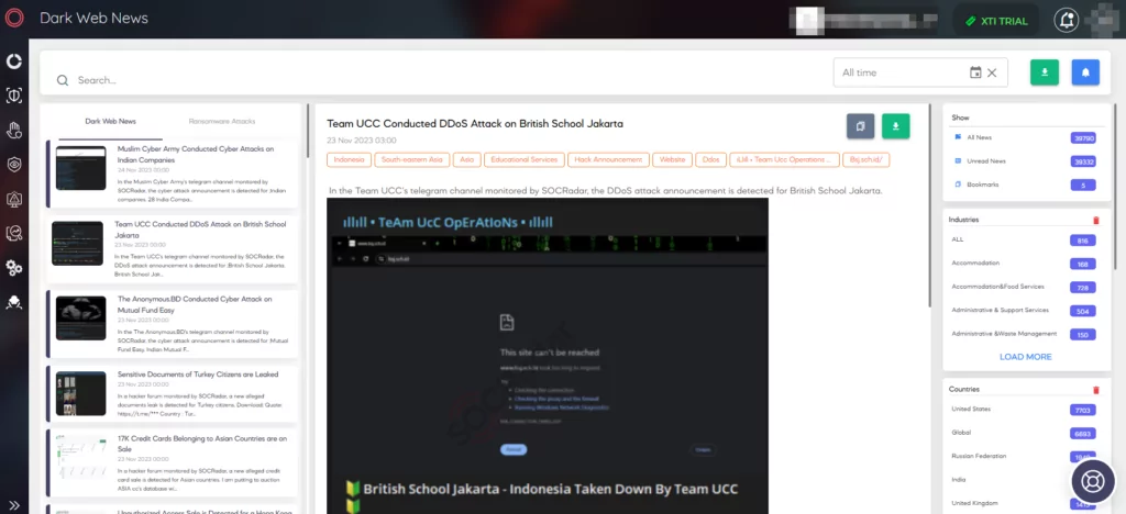 SOCRadar XTI’s Dark Web News page under the CTI Panel (Source: SOCRadar)