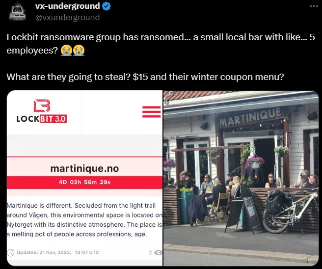 vx-underground’s Twitter post about Lockbit’s hacking of Martinique (Source: X)