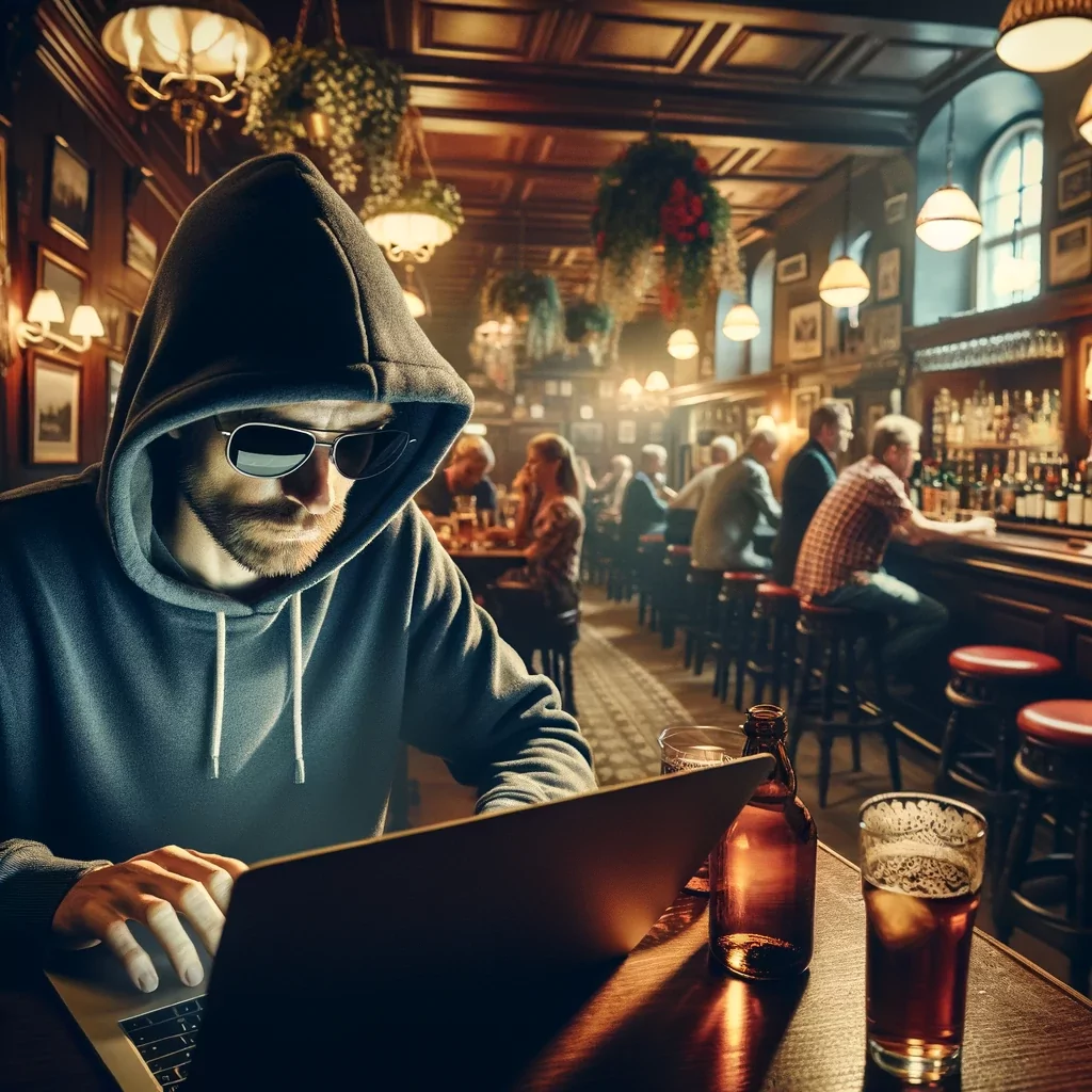 Illustration of Lockbit hacking a bar (generated using DALL-E 3)