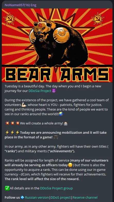 NoName’s Telegram post about DDoSia