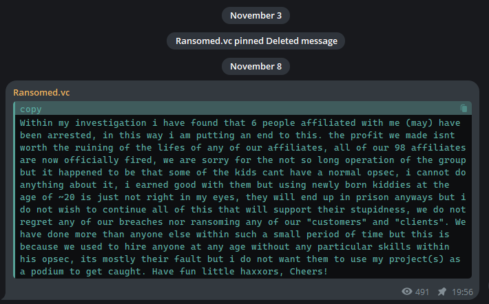 Ransomed.vc’s last post on Telegram about the end of the operation