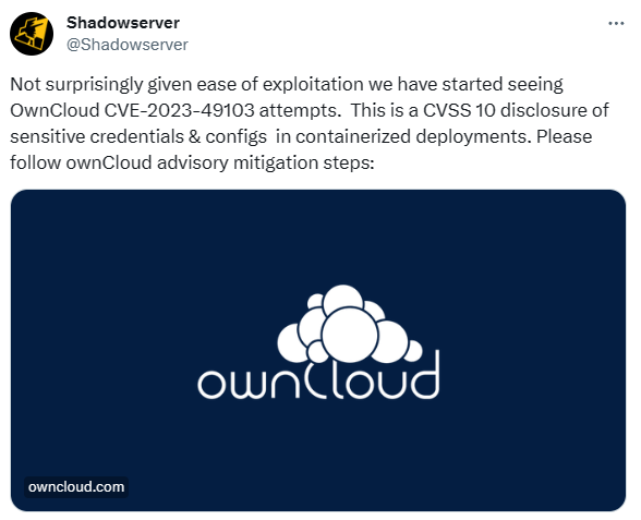 Shadowserver’s warning about the ownCloud vulnerability (X)