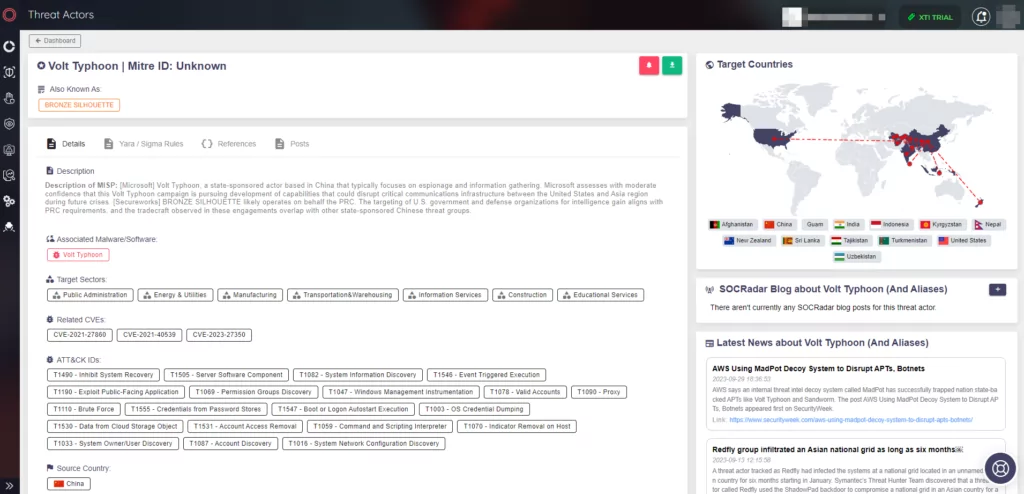 SOCRadar XTI’s CTI Module Threat Actor/Malware information page of the Volt Typhoon (Source: SOCRadar)