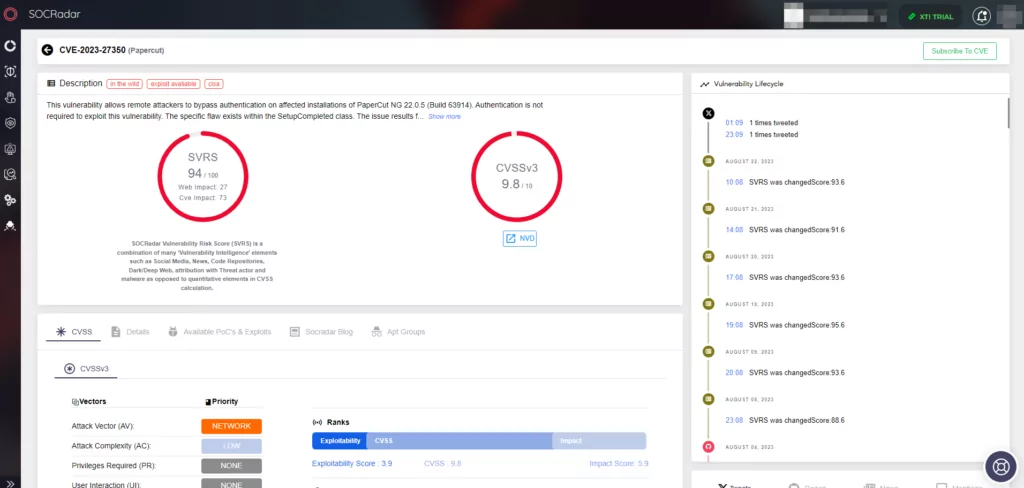 CVE-2023-27350’s information card in SOCRadar XTI’s Vulnerability Intelligence page under the CTI module (Source: SOCRadar)