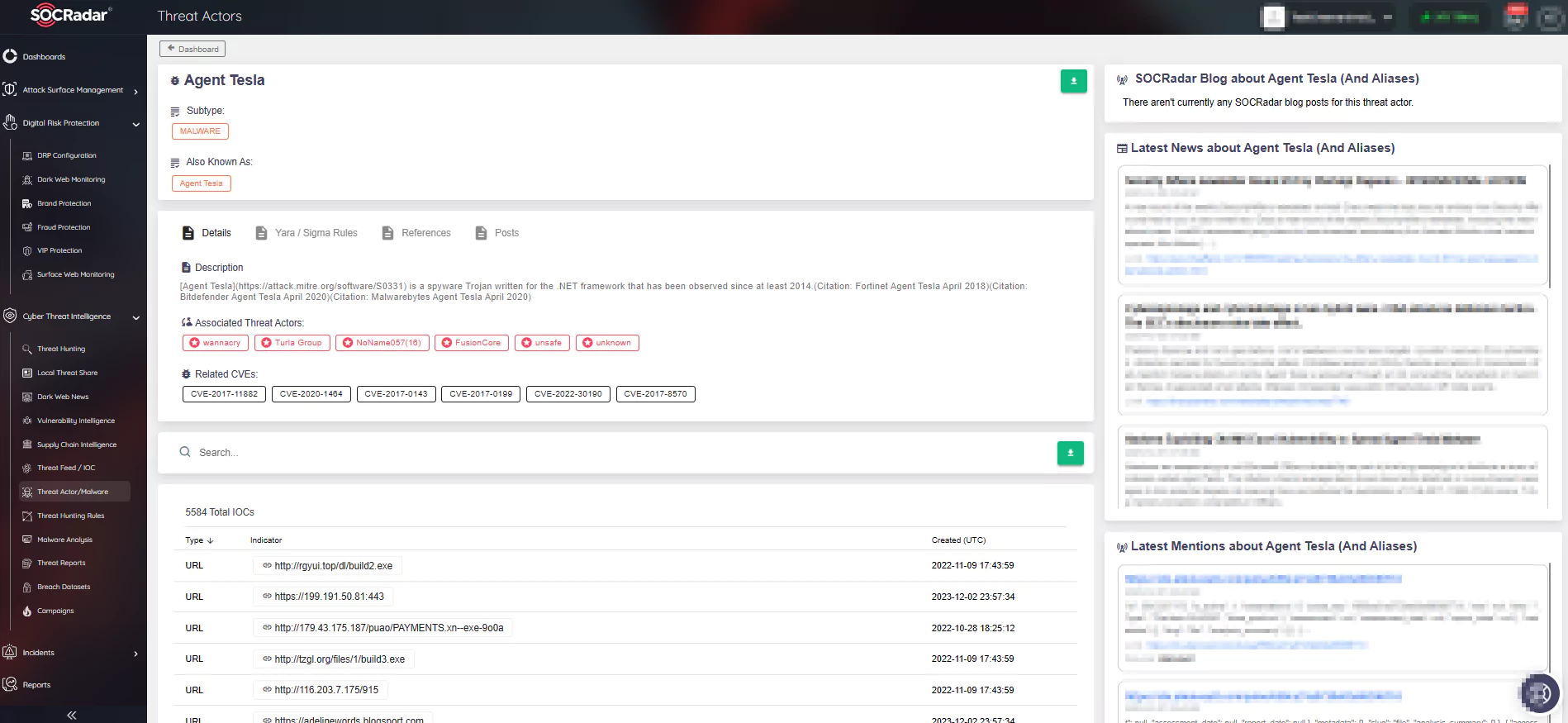 Find updates and IOCs about Agent Tesla malware through SOCRadar (Threat Actor/Malware tab under the Cyber Threat Intelligence module)