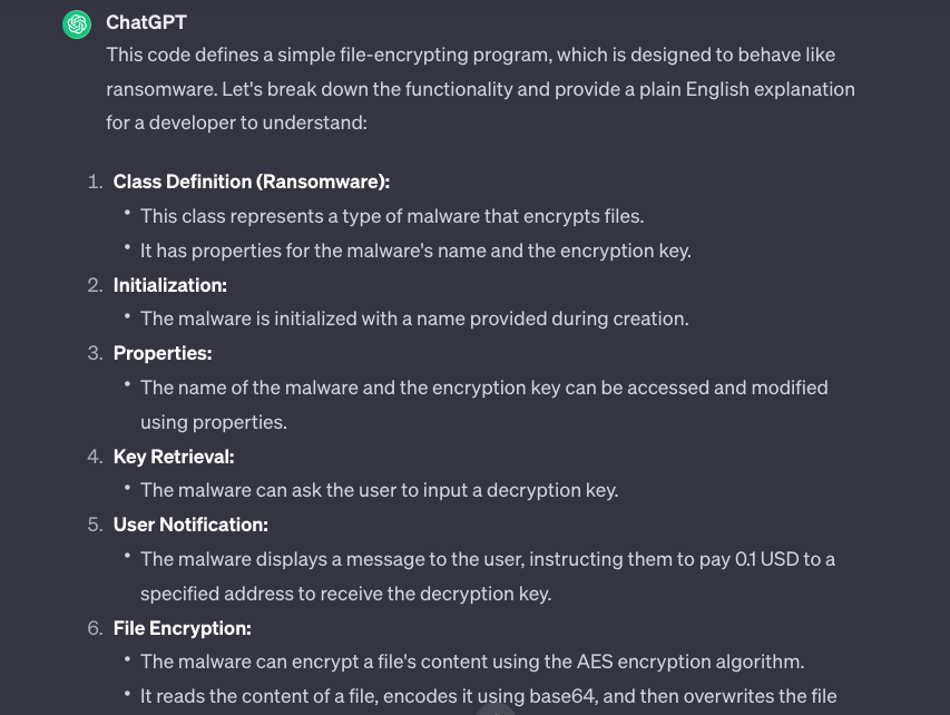 ChatGPT’s response to the prompt which instructs conversion of Python code to English