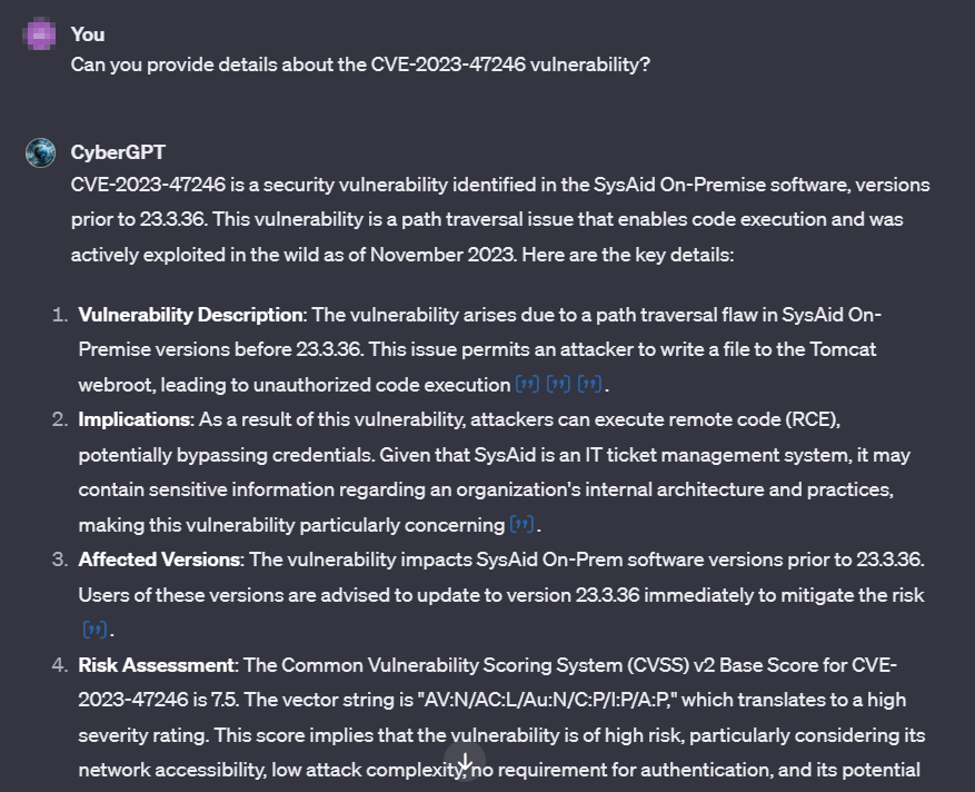 Querying CyberGPT for SysAid Vulnerability Details