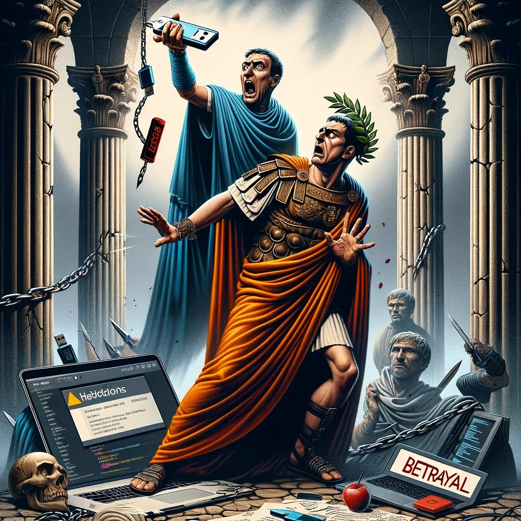 Fig. 1. Illustration of a dramatic moment of betrayal with two threat actors in Ancient Rome. (generated using OpenAI’s DALL-E 3), dark peep #7