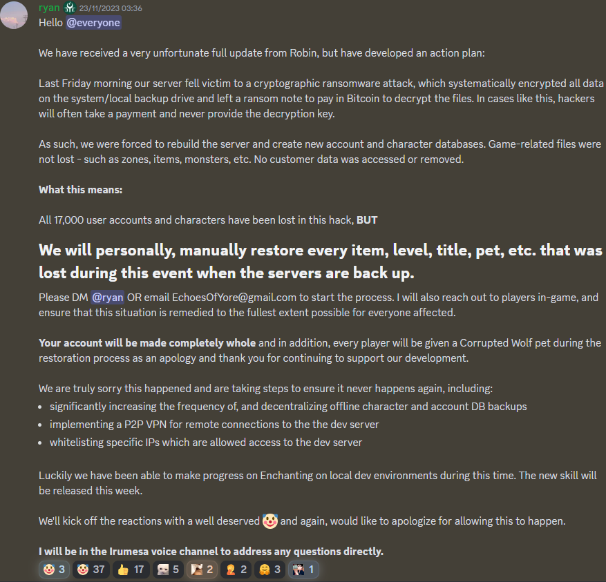 Fig. 6. Announcement on Discord (Source: BleepingComputer), Ethyrial: Echoes of Yore, dark peep #7