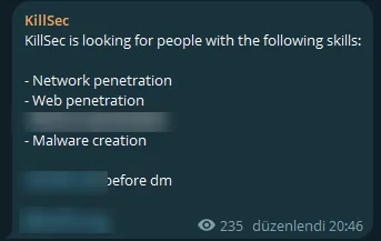 Fig. 3. KillSec’s Telegram Post