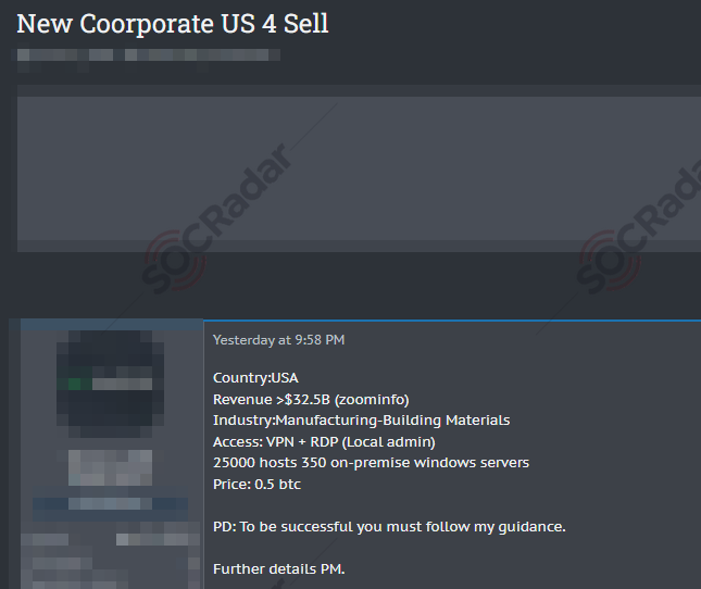 Building Materials Manufacturer in the U.S. Compromised, access sales