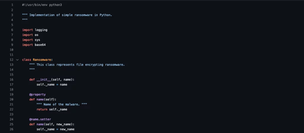 A view from the ransomware code example.