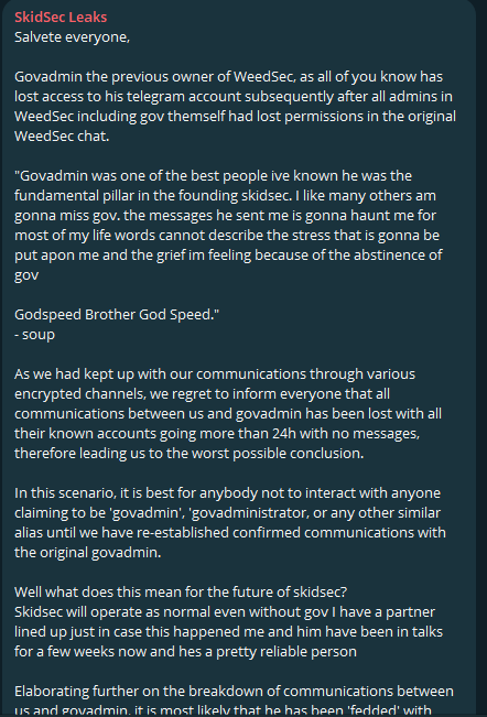 Fig. 9. SkidSec Leaks’ Telegram Post