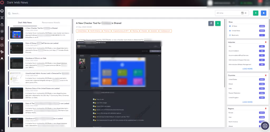 SOCRadar XTI’s Dark Web News page under the CTI Panel