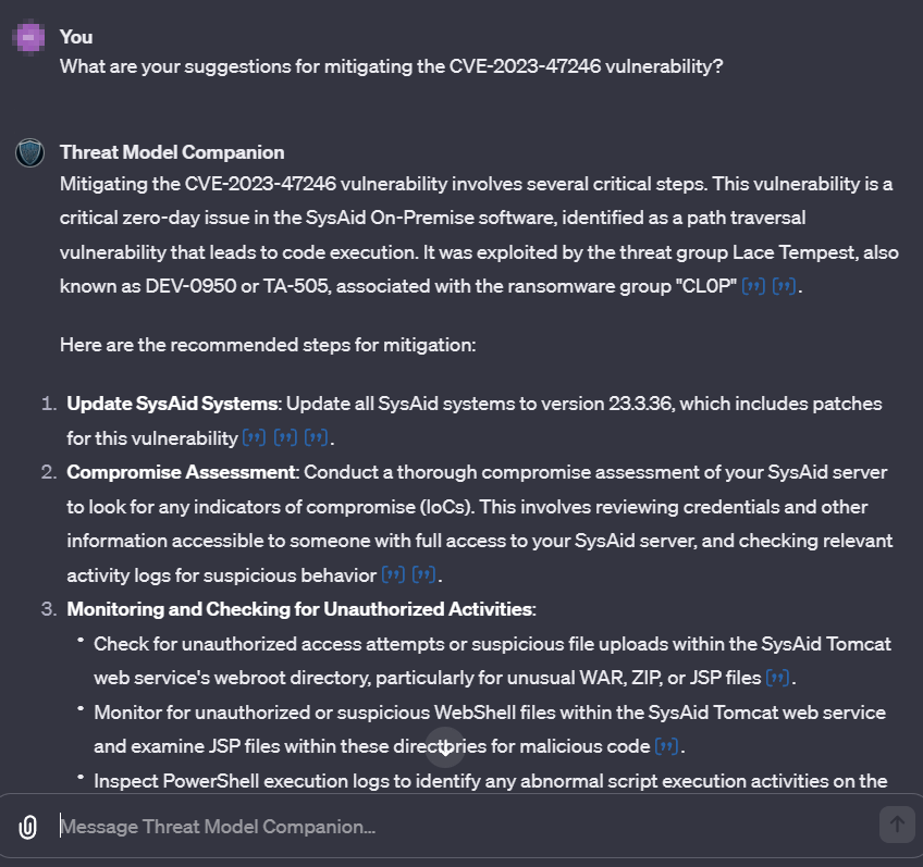 Asking Threat Model Companion how to mitigate a certain vulnerability.