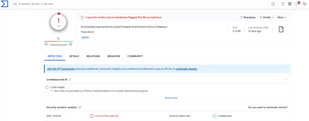 VirusTotal reports the Sample ransomware code as malicious.