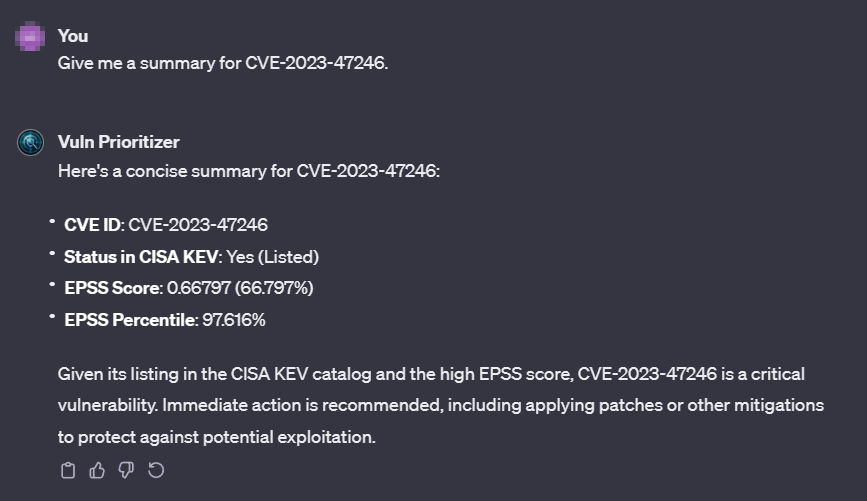 Asking Vuln Prioritizer for the EPSS summary of a vulnerability