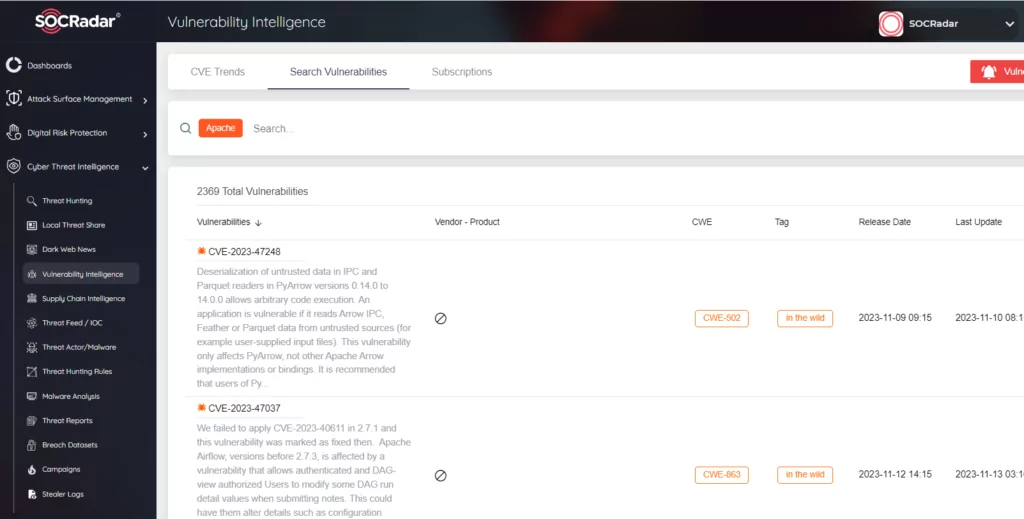 SOCRadar Vulnerability Intelligence, Apache Vulnerabilities
