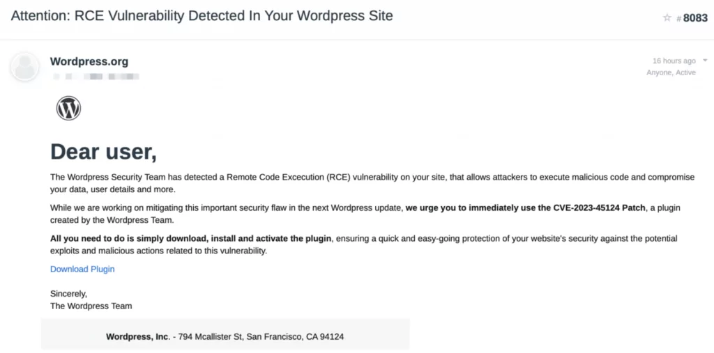 Phishing e-mail used in the campaign (Patchstack)