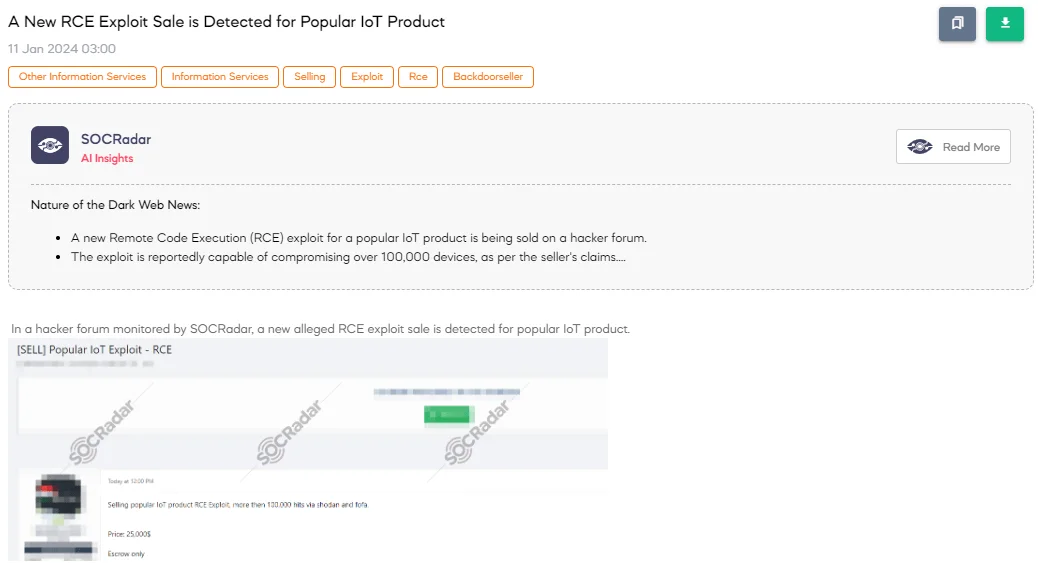 A New RCE Exploit Sale is Detected for Popular IoT Product