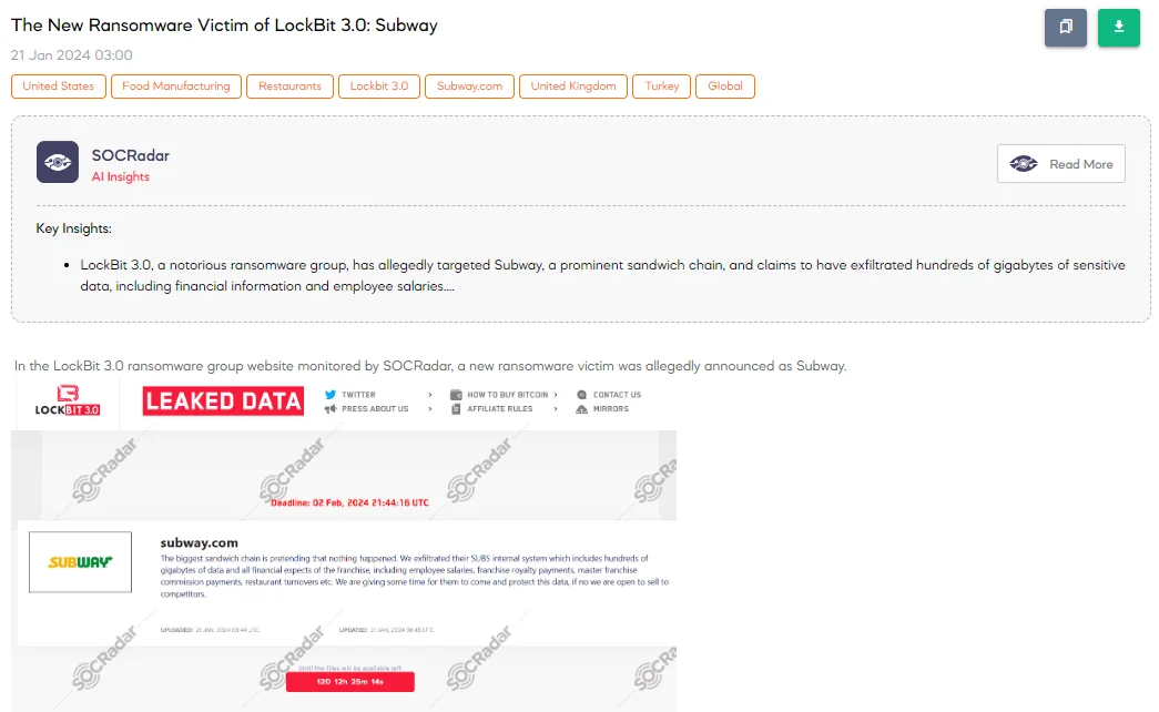 The New Ransomware Victim of LockBit 3.0: Subway