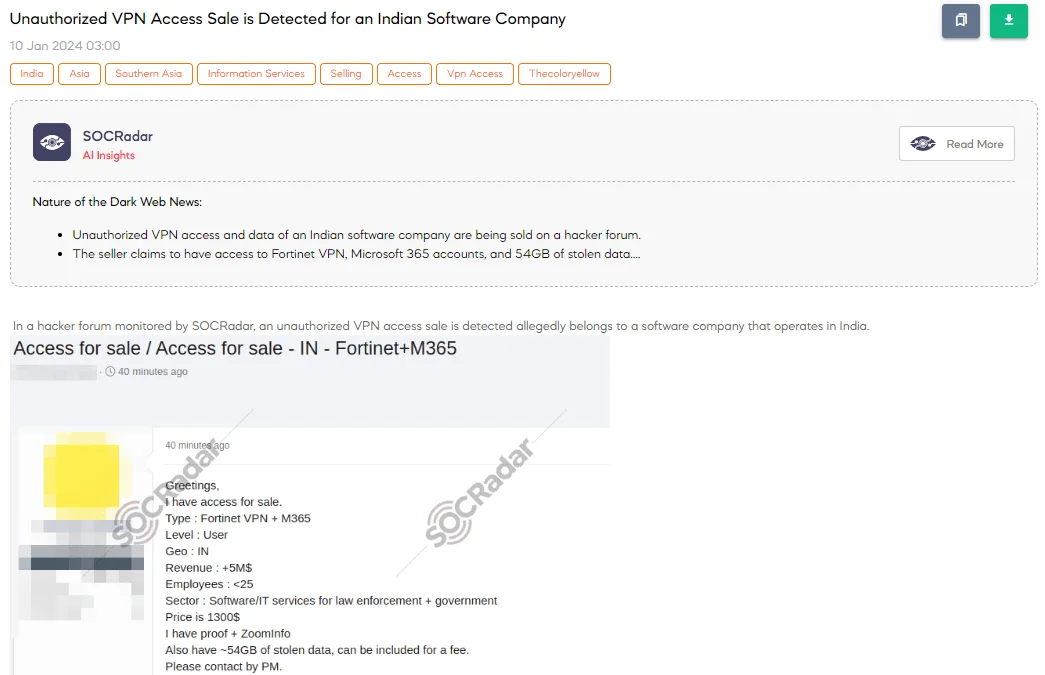 Unauthorized VPN Access Sale is Detected for an Indian Software Company