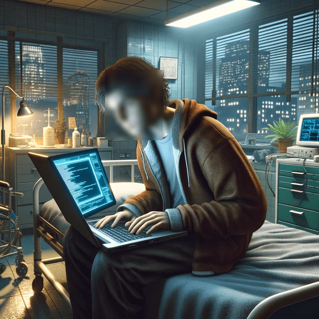 Fig. 5. Illustration of a threat actor is in a hospital under surveillance, in a style reminiscent of Grand Theft Auto (generated using OpenAI’s DALL-E)
