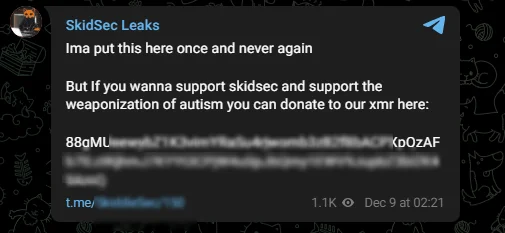 Fig. 5. SkidSec Leaks’ donation message